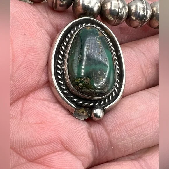 Navajo Sterling Silver Natural Green Damele Turquoise Beaded Bib Choker Necklace - Picture 7 of 9